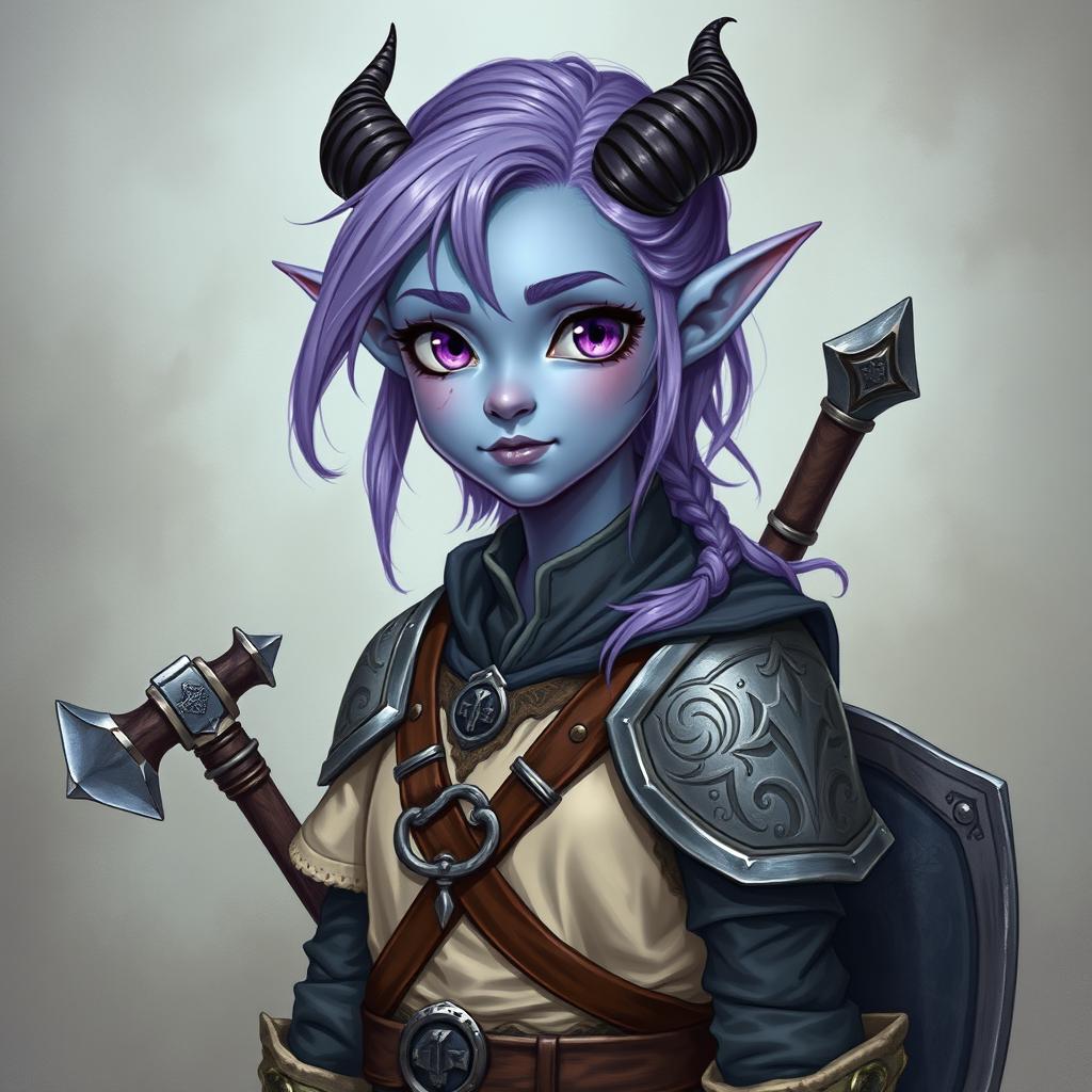 A full-body illustration of a young female tiefling in Dungeons & Dragons fantasy art style