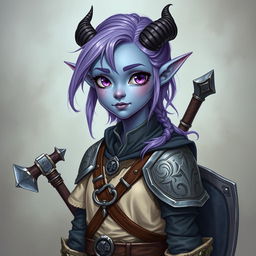 A full-body illustration of a young female tiefling in Dungeons & Dragons fantasy art style