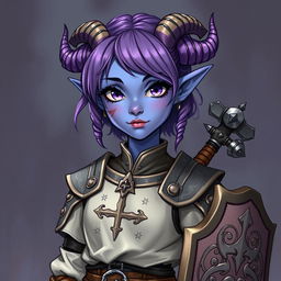 A full-body illustration of a young female tiefling in Dungeons & Dragons fantasy art style