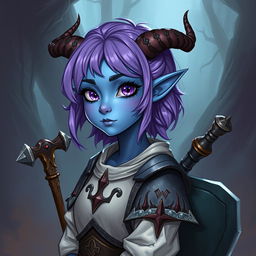 A full-body illustration of a young female tiefling in Dungeons & Dragons fantasy art style