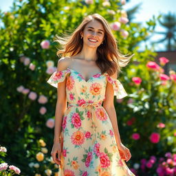 A beautiful young woman elegantly dressed in a vibrant, flowing summer dress, adorned with floral patterns and soft, pastel colors