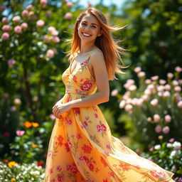 A beautiful young woman elegantly dressed in a vibrant, flowing summer dress, adorned with floral patterns and soft, pastel colors