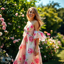 A beautiful young woman elegantly dressed in a vibrant, flowing summer dress, adorned with floral patterns and soft, pastel colors