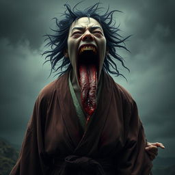 A hyper-realistic full-body portrait of a monstrous woman inspired by Japanese folklore, particularly the legend of Kuchisake-onna