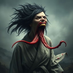 A hyper-realistic full-body portrait of a monstrous woman inspired by Japanese folklore, particularly the legend of Kuchisake-onna