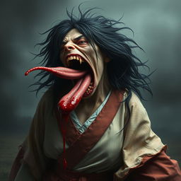 A hyper-realistic full-body portrait of a monstrous woman inspired by Japanese folklore, particularly the legend of Kuchisake-onna