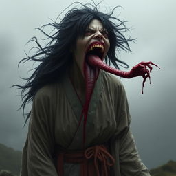 A hyper-realistic full-body portrait of a monstrous woman inspired by Japanese folklore, particularly the legend of Kuchisake-onna