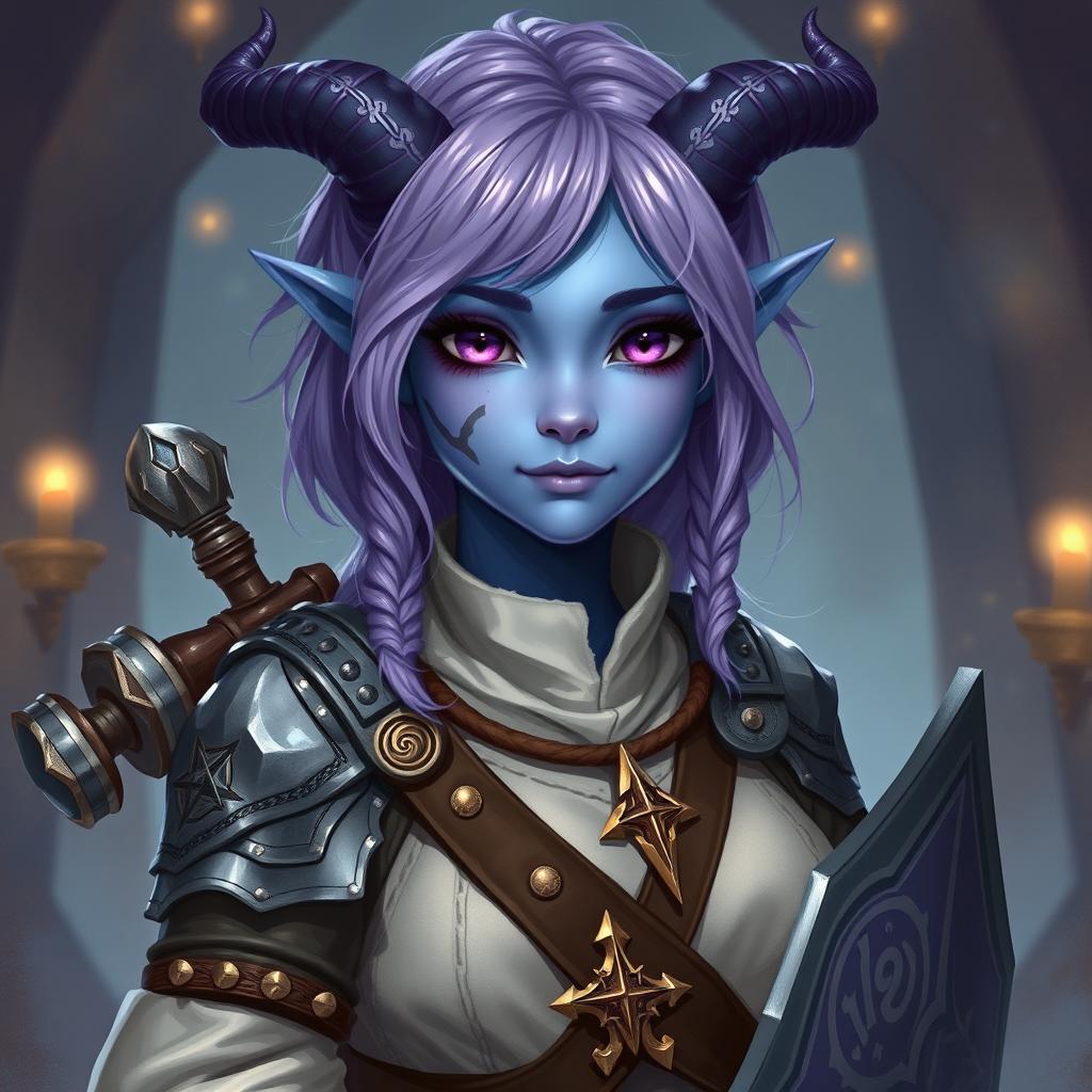 A full-body depiction of a young female tiefling in Dungeons & Dragons fantasy art style