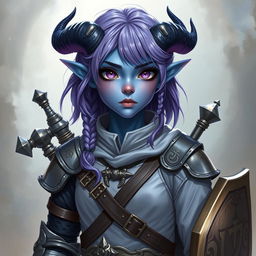 A full-body depiction of a young female tiefling in Dungeons & Dragons fantasy art style