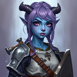 A full-body depiction of a young 14-year-old female tiefling in Dungeons & Dragons fantasy art style, showcasing her in a 3/4 view