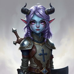 A full-body depiction of a young 14-year-old female tiefling in Dungeons & Dragons fantasy art style, showcasing her in a 3/4 view