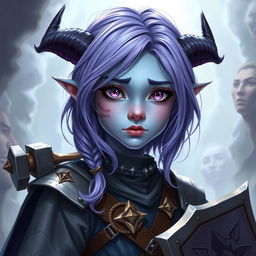 A full-body portrait of a young 14-year-old female tiefling in Dungeons & Dragons fantasy art style, viewed from a 3/4 angle