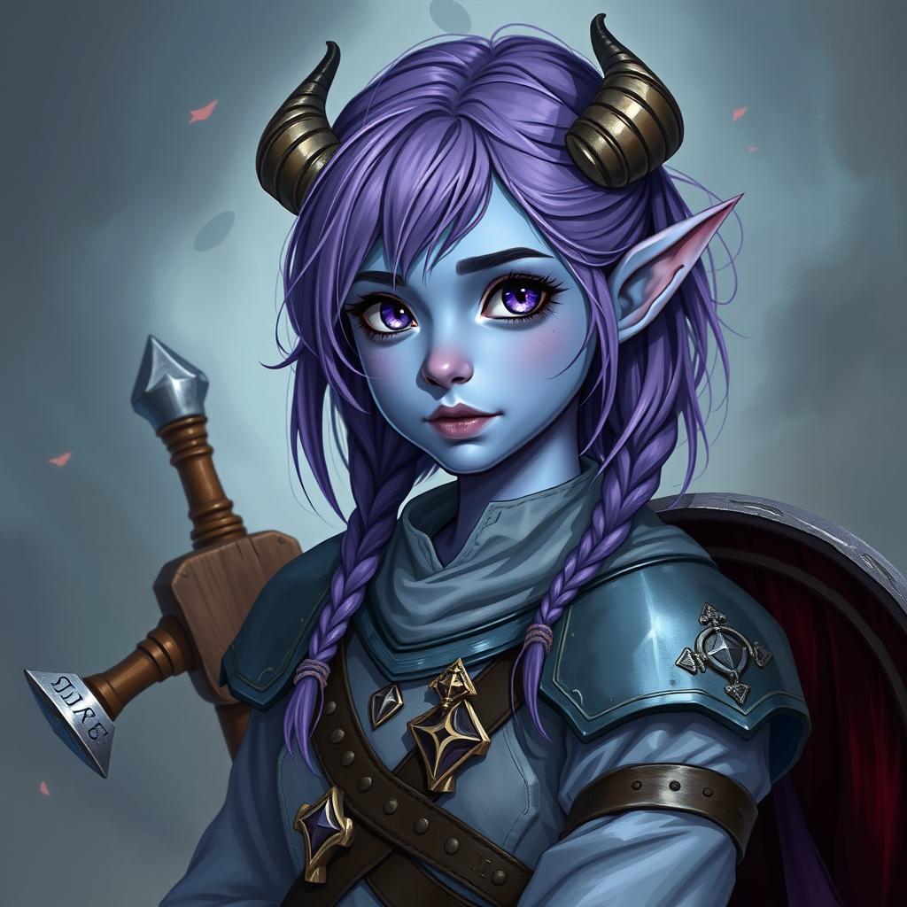 A full-body portrait of a young 14-year-old female tiefling in Dungeons & Dragons fantasy art style, viewed from a 3/4 angle