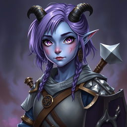 A full-body portrait of a young 14-year-old female tiefling in Dungeons & Dragons fantasy art style, viewed from a 3/4 angle