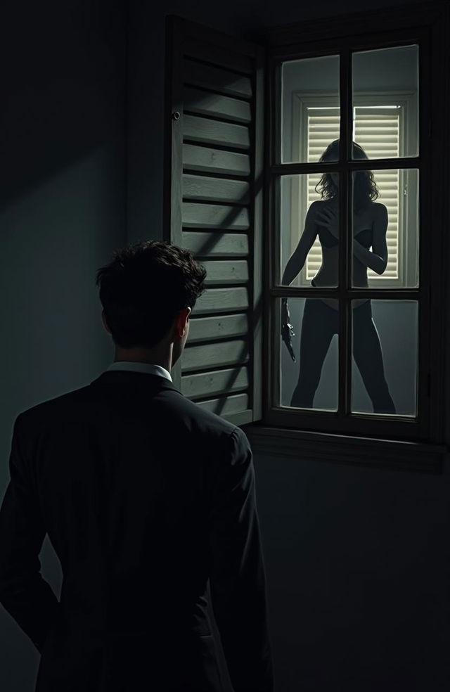 A suspenseful night scene featuring a man with his back turned, standing in front of a shuttered window, lifting the shutter slightly to discreetly spy on the windows of a neighboring building