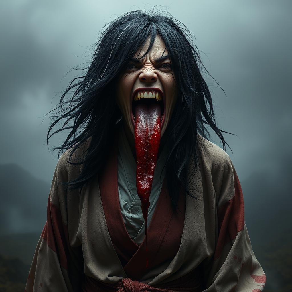 A hyper-realistic full-body portrait of a monstrous woman inspired by Japanese folklore, particularly the legend of Kuchisake-onna