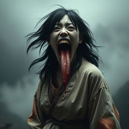 A hyper-realistic full-body portrait of a monstrous woman inspired by Japanese folklore, particularly the legend of Kuchisake-onna