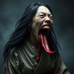 A hyper-realistic full-body portrait of a monstrous woman inspired by Japanese folklore, particularly the legend of Kuchisake-onna