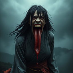 A hyper-realistic full-body portrait of a monstrous woman inspired by Japanese folklore, particularly the legend of Kuchisake-onna