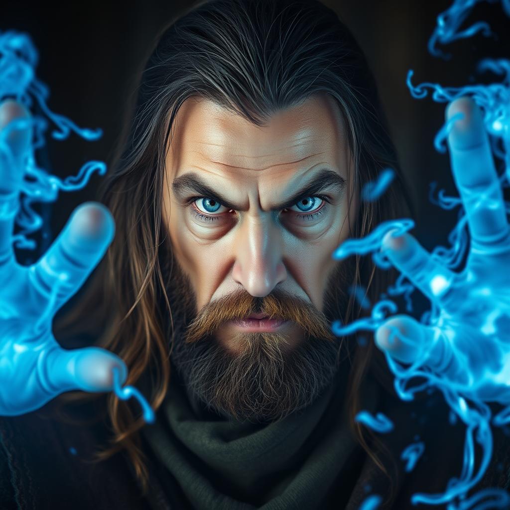 A portrait of a 50-year-old angry man with long brown hair and full magical white eyes, casting massive blue magical energy