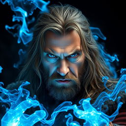 A portrait of a 50-year-old angry man with long brown hair and full magical white eyes, casting massive blue magical energy