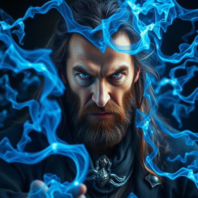 A portrait of a 50-year-old angry man with long brown hair and full magical white eyes, casting massive blue magical energy