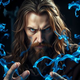 A portrait of a 50-year-old angry man with long brown hair and full magical white eyes, casting massive blue magical energy