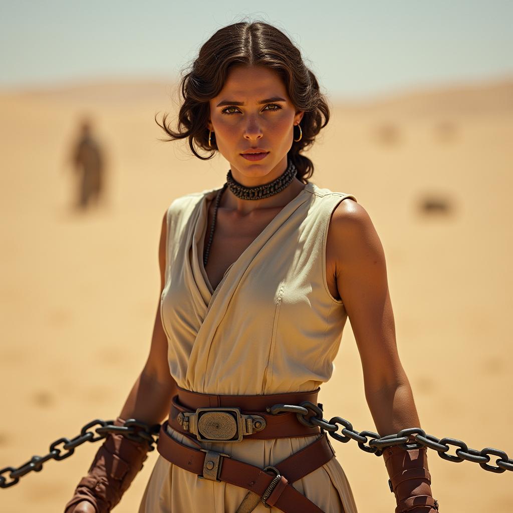 A stunning HD portrait of Princess Leia, portrayed by Carrie Fisher, featuring her iconic hairstyle and outfit, set against a sandy desert background