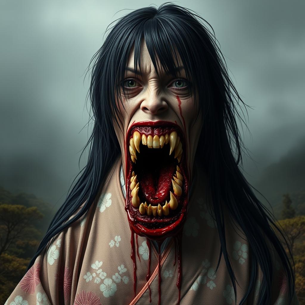 A hyper-realistic full-body portrait of a monstrous woman inspired by Japanese folklore, particularly reflecting the legend of Kuchisake-onna