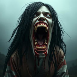 A hyper-realistic full-body portrait of a monstrous woman inspired by Japanese folklore, particularly reflecting the legend of Kuchisake-onna