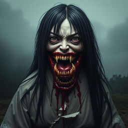 A hyper-realistic full-body portrait of a monstrous woman inspired by Japanese folklore, particularly reflecting the legend of Kuchisake-onna