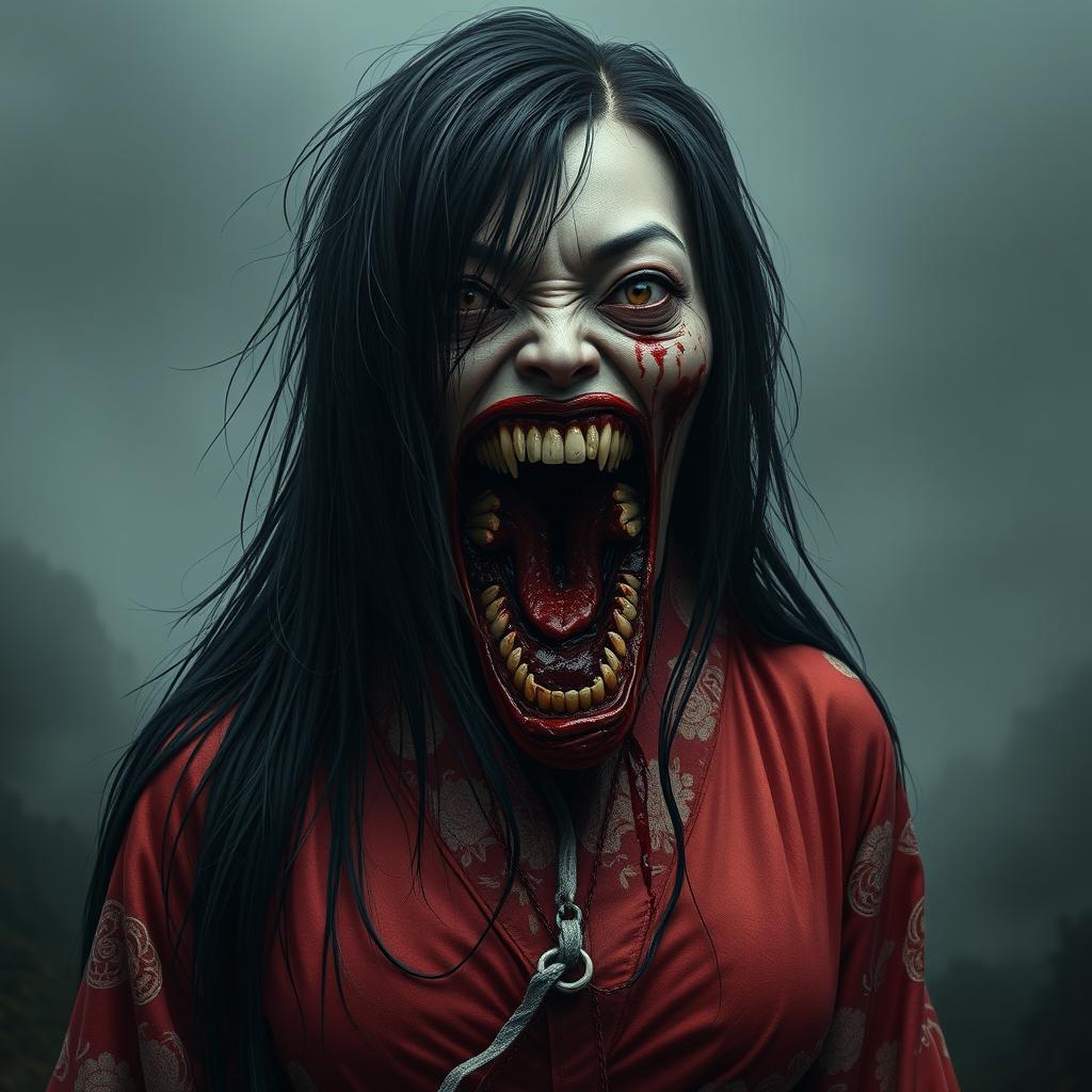 A hyper-realistic full-body portrait of a monstrous woman inspired by Japanese folklore, particularly reflecting the legend of Kuchisake-onna