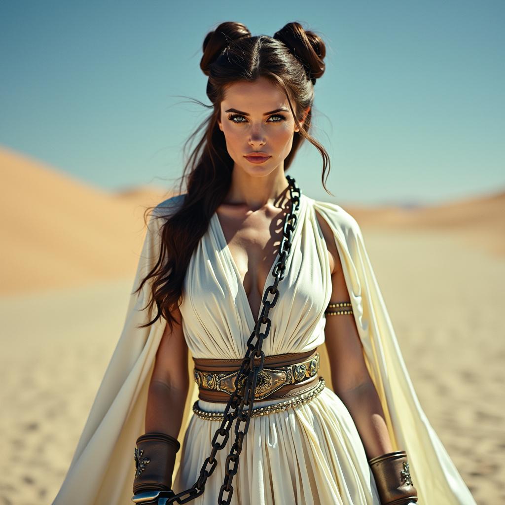 A stunning portrait of a princess resembling Princess Leia from Star Wars, inspired by Carrie Fisher's iconic look