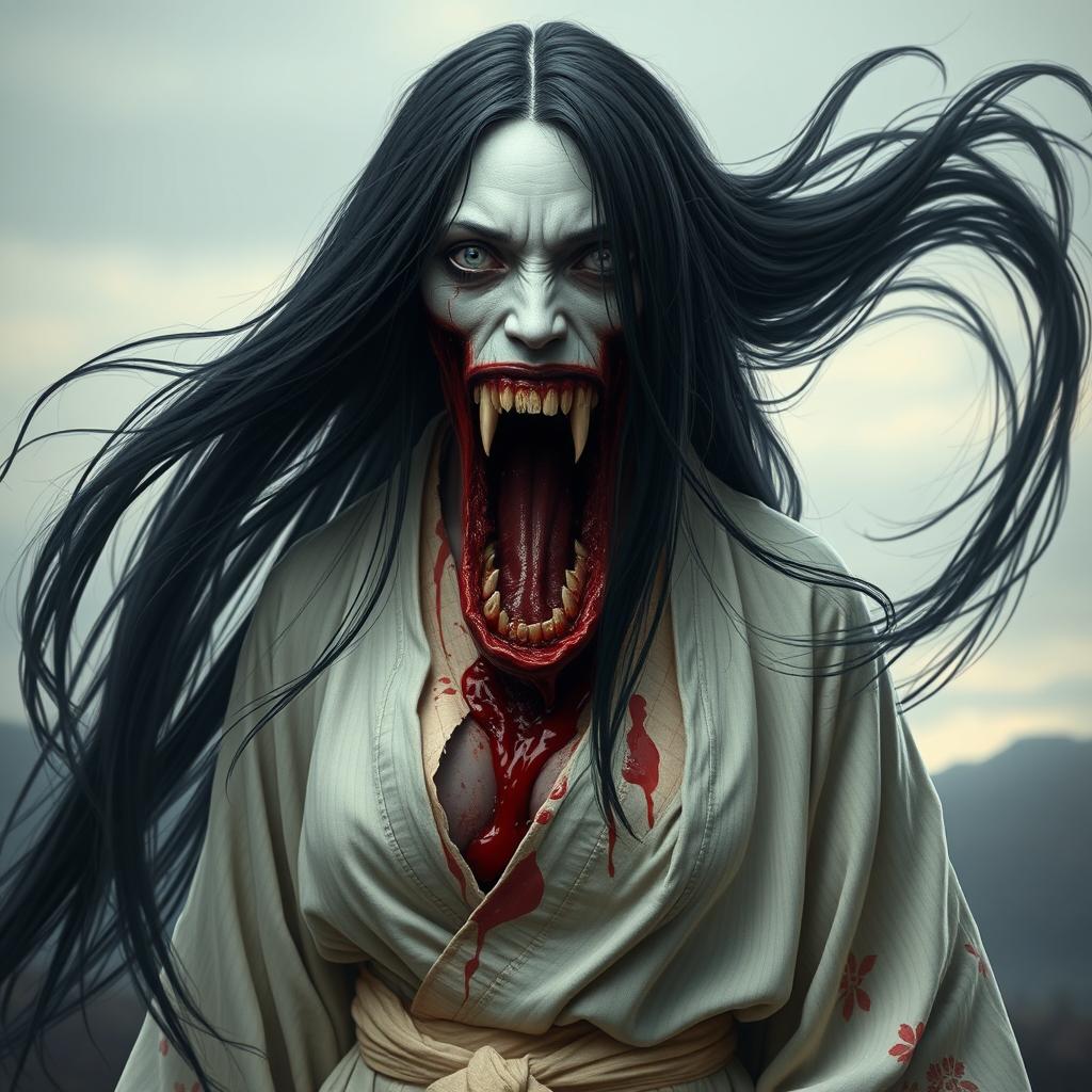 A hyper-realistic full-body portrait of a monstrous woman inspired by Japanese folklore, particularly reflecting the legend of Kuchisake-onna