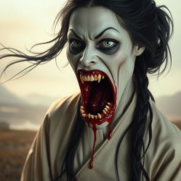 A hyper-realistic full-body portrait of a monstrous woman inspired by Japanese folklore, particularly reflecting the legend of Kuchisake-onna