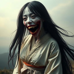 A hyper-realistic full-body portrait of a monstrous woman inspired by Japanese folklore, particularly reflecting the legend of Kuchisake-onna