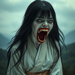 A hyper-realistic full-body portrait of a monstrous woman inspired by Japanese folklore, particularly reflecting the legend of Kuchisake-onna