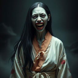 A hyper-realistic full-body portrayal of Kuchisake-onna, the monstrous woman from Japanese folklore