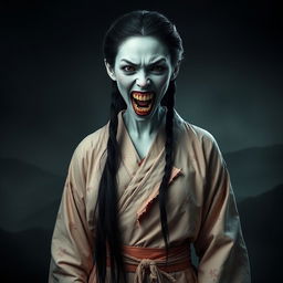 A hyper-realistic full-body portrayal of Kuchisake-onna, the monstrous woman from Japanese folklore