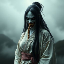 A hyper-realistic full-body portrayal of Kuchisake-onna, the monstrous woman from Japanese folklore