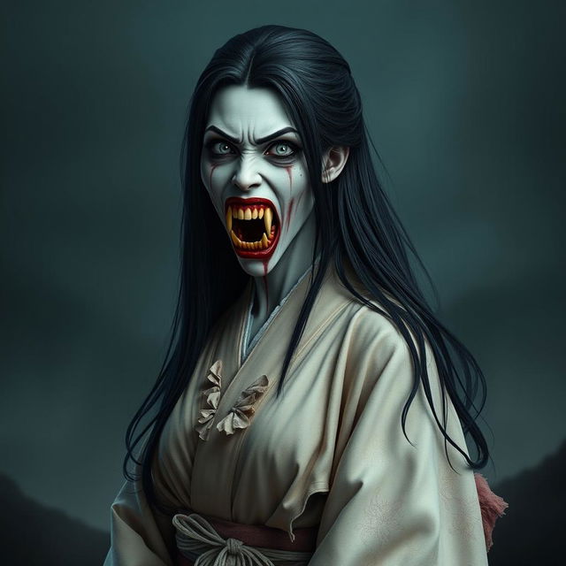 A hyper-realistic full-body portrayal of Kuchisake-onna, the monstrous woman from Japanese folklore