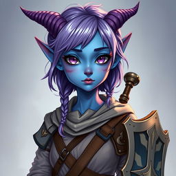 A full-body illustration of a young 14-year-old female tiefling in Dungeons & Dragons fantasy art style, captured from a 3/4 view