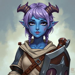 A full-body illustration of a young 14-year-old female tiefling in Dungeons & Dragons fantasy art style, captured from a 3/4 view