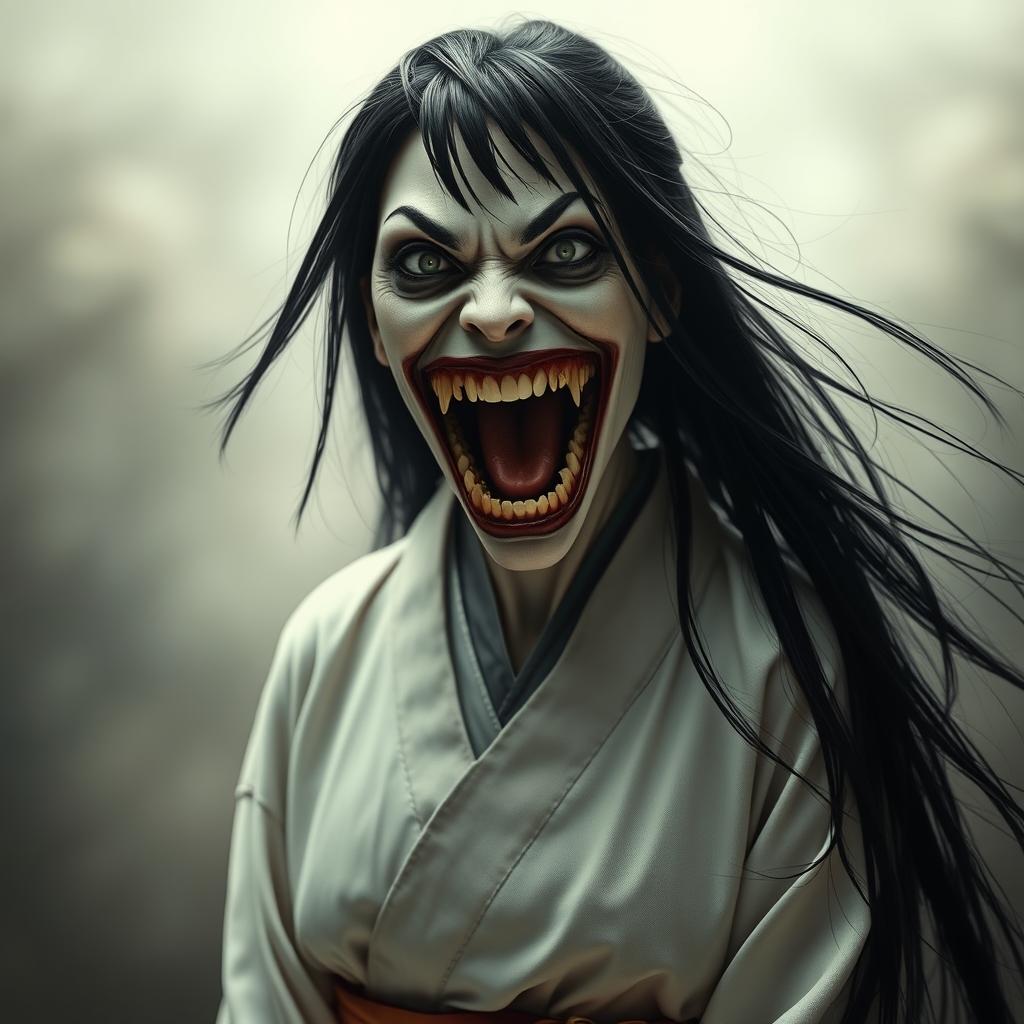 A hyper-realistic full-body portrayal of Kuchisake-onna, the monstrous figure from Japanese folklore, depicted with her mouth wide open, showcasing her terrifyingly wide grin filled with sharp teeth