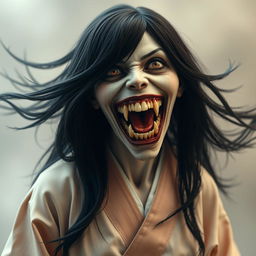 A hyper-realistic full-body portrayal of Kuchisake-onna, the monstrous figure from Japanese folklore, depicted with her mouth wide open, showcasing her terrifyingly wide grin filled with sharp teeth