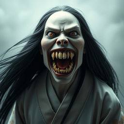 A hyper-realistic full-body portrayal of Kuchisake-onna, the monstrous figure from Japanese folklore, depicted with her mouth wide open, showcasing her terrifyingly wide grin filled with sharp teeth