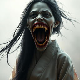 A hyper-realistic full-body portrayal of Kuchisake-onna, the monstrous figure from Japanese folklore, depicted with her mouth wide open, showcasing her terrifyingly wide grin filled with sharp teeth