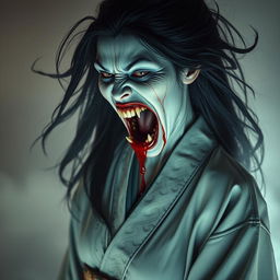 A hyper-realistic full-body depiction of Kuchisake-onna, the monstrous woman from Japanese legend, presented with her mouth wide open, filled with blood and showcasing sharp, menacing teeth