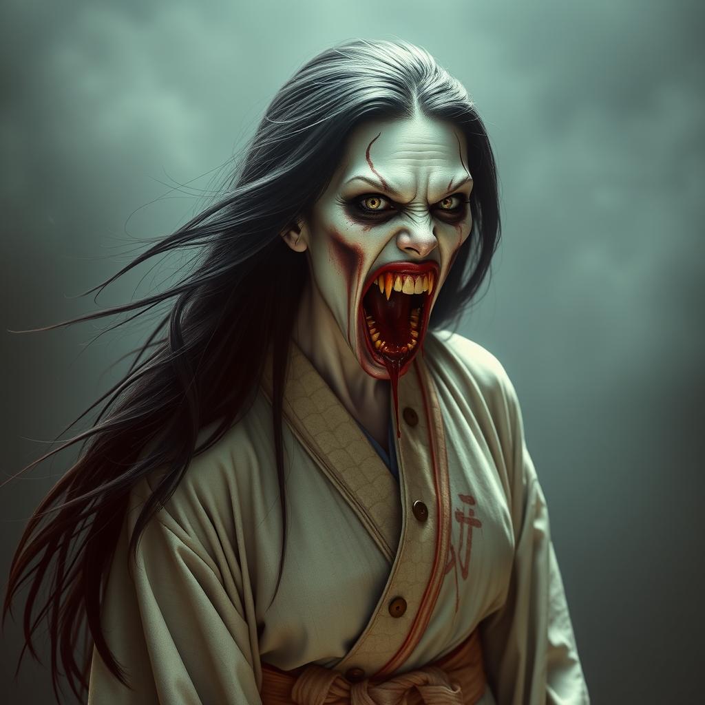 A hyper-realistic full-body depiction of Kuchisake-onna, the monstrous woman from Japanese legend, presented with her mouth wide open, filled with blood and showcasing sharp, menacing teeth