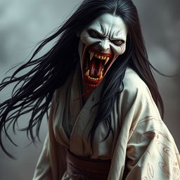 A hyper-realistic full-body depiction of Kuchisake-onna, the monstrous woman from Japanese legend, presented with her mouth wide open, filled with blood and showcasing sharp, menacing teeth